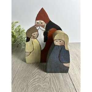 Vintage Handcrafted Wood Santa Claus & Child Figurine Folk Art Primitive 2 Pc
